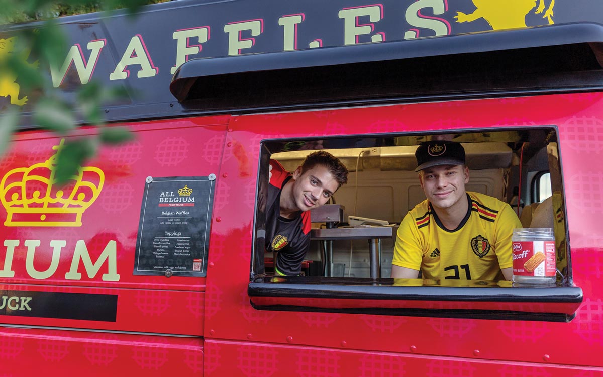Students Billy Berry and Toon De Schepper in their waffle truck, All Belgium